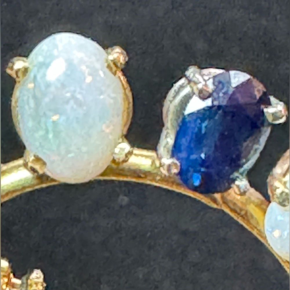 Vtg 14K? Yellow Gold Opal & Sapphire Circle Brooch Screw Lock Pin Mid-Century 8g - Picture 8 of 16